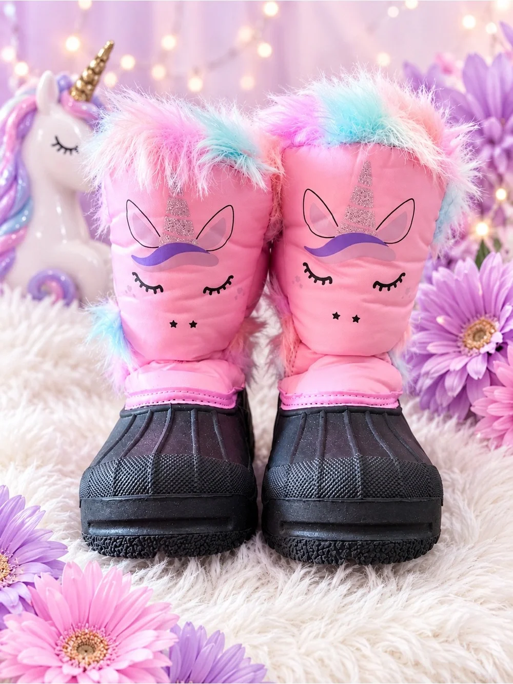 Girls Unicorn Winter Boots - Pink with Pastel Fur, Size 7 NWOT